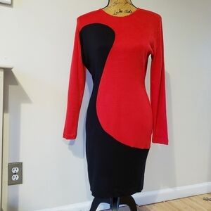 Paul Harris Red Black Color Block Long Sleeve Bodycon Dress Women's Small S EUC